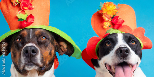 two funny dogs wearing turkey hats for thanksgiving 