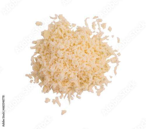 heap of grated cheese parmesan isolated on white background with clipping path, top view of slices cheese, italian food