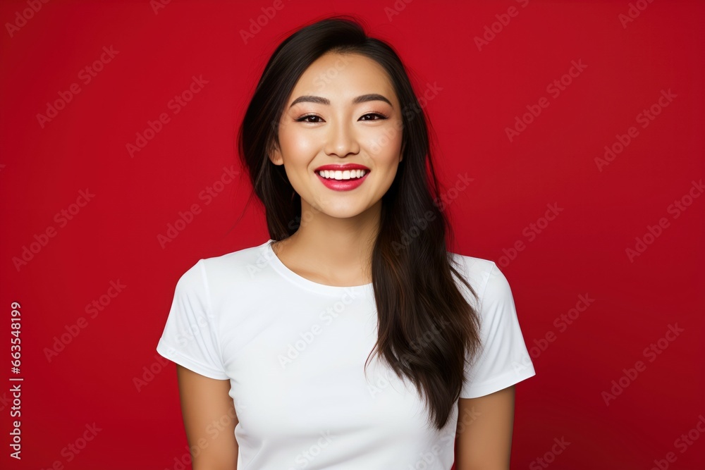 Happy Beautiful Young Fictional Asian Woman Smiling. Isolated on a Plain Background. Generative AI. Happy Beautiful Young Fictional Asian Woman Smiling. Isolated on a Plain Background. Generative AI.