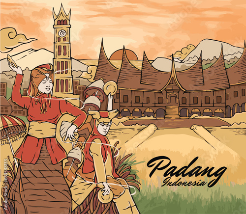 
Minangkabau culture, Padang, West Sumatra. Background of Plate Dance, Traditional House and Natural Scenery
