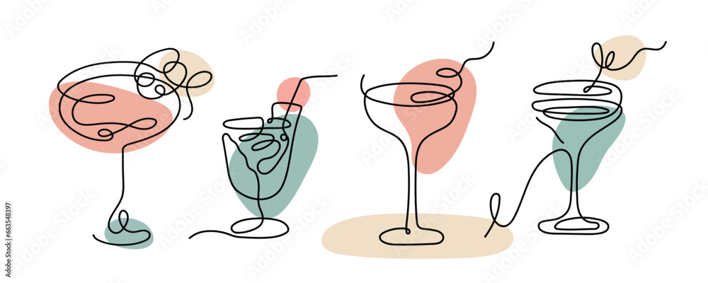 Cocktails set with one continuous line art style. Vector linear ...