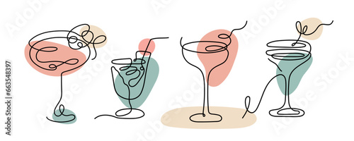 Cocktails set with one continuous line art style. Vector linear abstract illustration. Party, pub, restoraunt, club element for prints