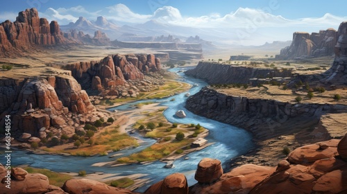 highly detailed, lifelike aerial perspective from a majestic canyon's edge with rugged rock formations and a winding river below generative ai