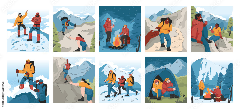 Mountaineering set. Mountain climbers with backpacks during nature