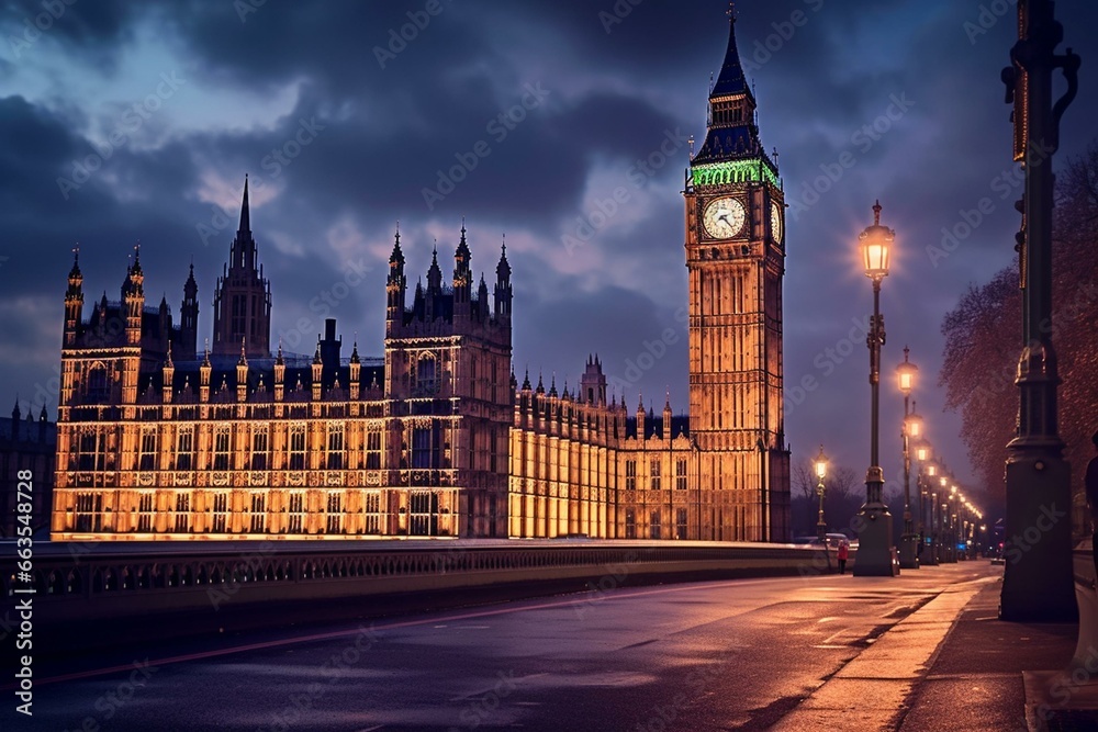 Night view of iconic London landmark with a clock tower and government buildings. Generative AI