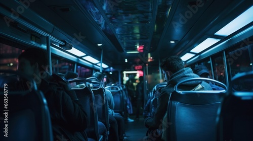 Inside a poorly lit metrobus, people using public transportation photo