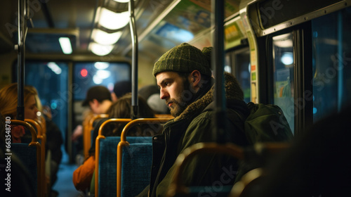 Inside a metrobus at night, people using public transportation