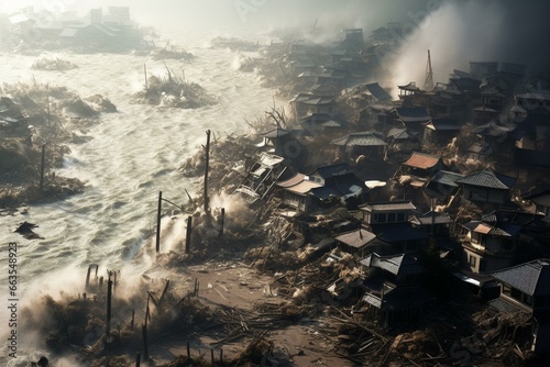 An image showing inundated buildings and destroyed structures caused by a massive tsunami. Generative AI