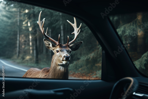 a deer running over a forest street, pov inside a car driving, dangerous animal crossing