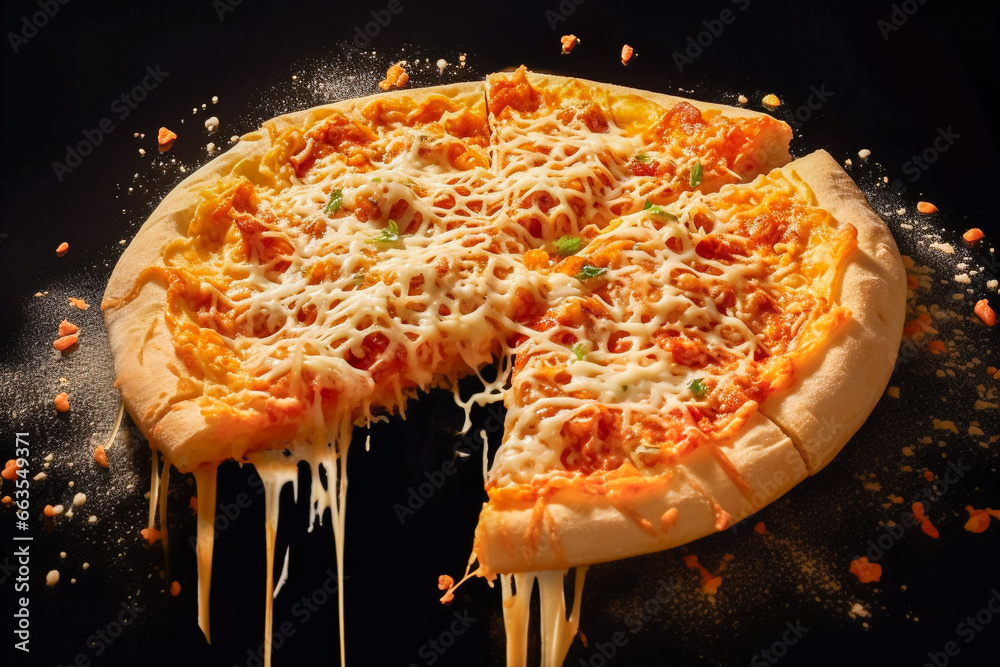 A delicious looking Pizza Margherita bounces. Stringy cheese. Artistic, sizzling, juicy cheese pizza ad image with cheese splattered and bursting. - obrazy, fototapety, plakaty 