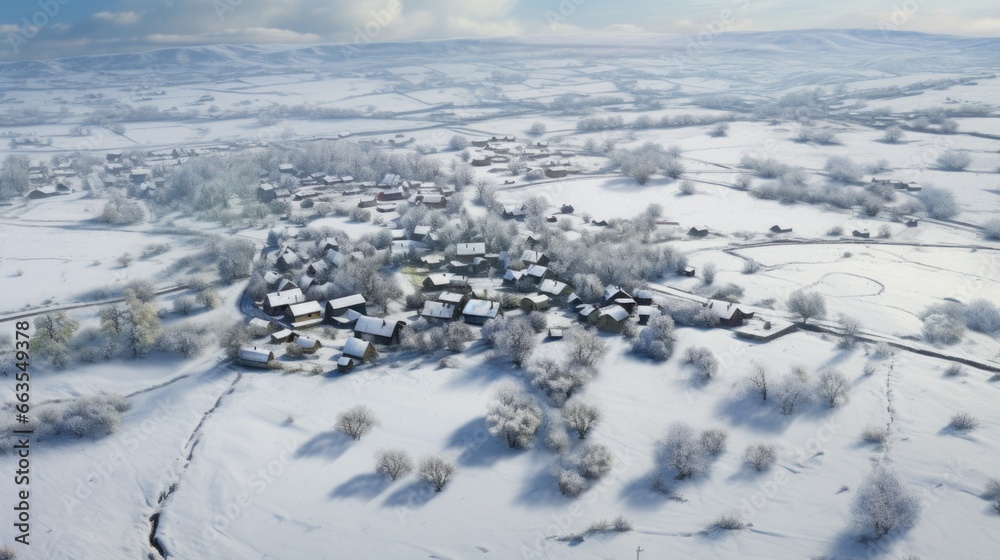 highly detailed, lifelike aerial perspective of a serene countryside covered in a blanket of freshly fallen snow generative ai