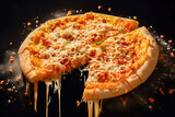A delicious looking Pizza Margherita bounces. Stringy cheese. Artistic, sizzling, juicy cheese pizza ad image with cheese splattered and bursting.