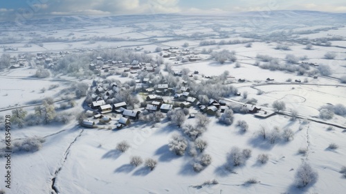 highly detailed, lifelike aerial perspective of a serene countryside covered in a blanket of freshly fallen snow generative ai © ThisDesign