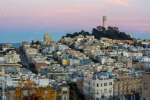 Pink and Blue Twilight Skies over Coit Tower on Telegraph Hill via Russian Hill district. San Francisco, California, USA.