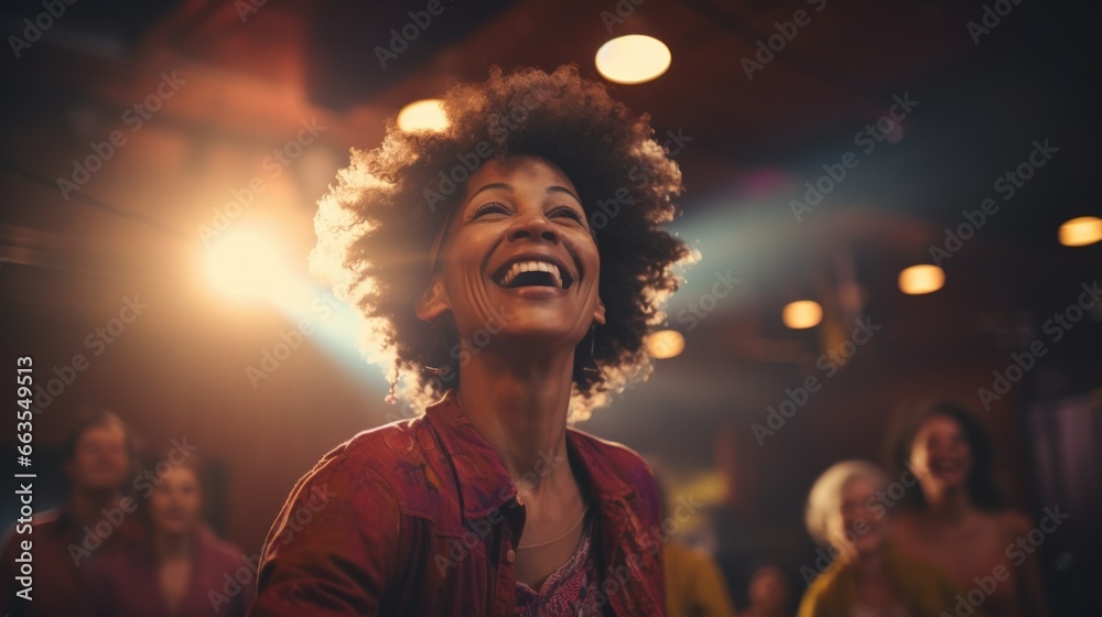 Middle aged African American woman laughs - obrazy, fototapety, plakaty 
