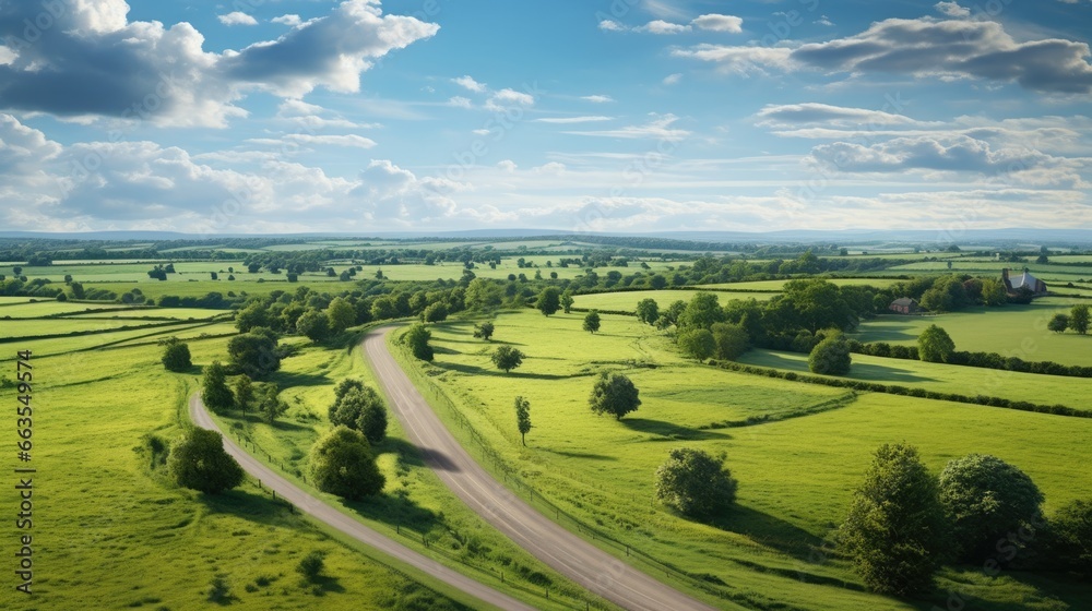 lifelike aerial perspective from a charming countryside road with vibrant fields and a clear horizon generative ai