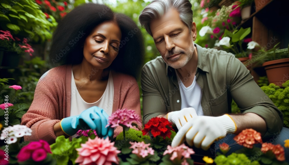 Photo of a middle-aged Caucasian man and African-American woman engrossed in gardening.