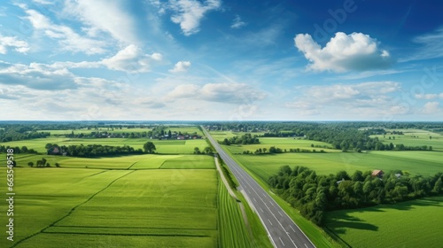 lifelike aerial perspective from a charming countryside road with vibrant fields and a clear horizon generative ai