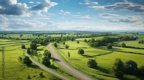 lifelike aerial perspective from a charming countryside road with vibrant fields and a clear horizon generative ai