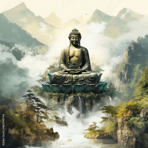 Meditating Buddha Watercolor Artwork Print, Generative AI