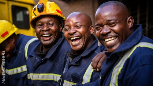 A group of construction workers smile while collaborating on a project.