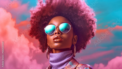 Lady in a colorful outfit wearing blue sunglasses, in the style of infrared filters, afro - caribbean influence, dark pink and violet, soft - focused realism, distinctive noses, bold colorism