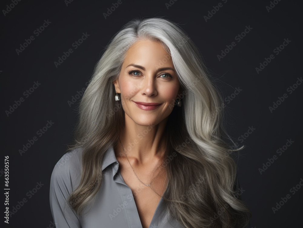 Portrait of a beautiful woman with smooth healthy face skin. Gorgeous aging mature confident woman with long gray hair and happy smiling. Beauty and cosmetics skincare advertising concept. Portrait of a beautiful woman with smooth healthy face skin. Gorgeous aging mature confident woman with long gray hair and happy smiling. Beauty and cosmetics skincare advertising concept.