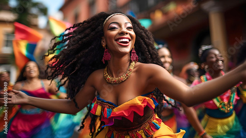 African American woman dancing with typical clothes at Colombian carnival, party and Latin American tradition photo