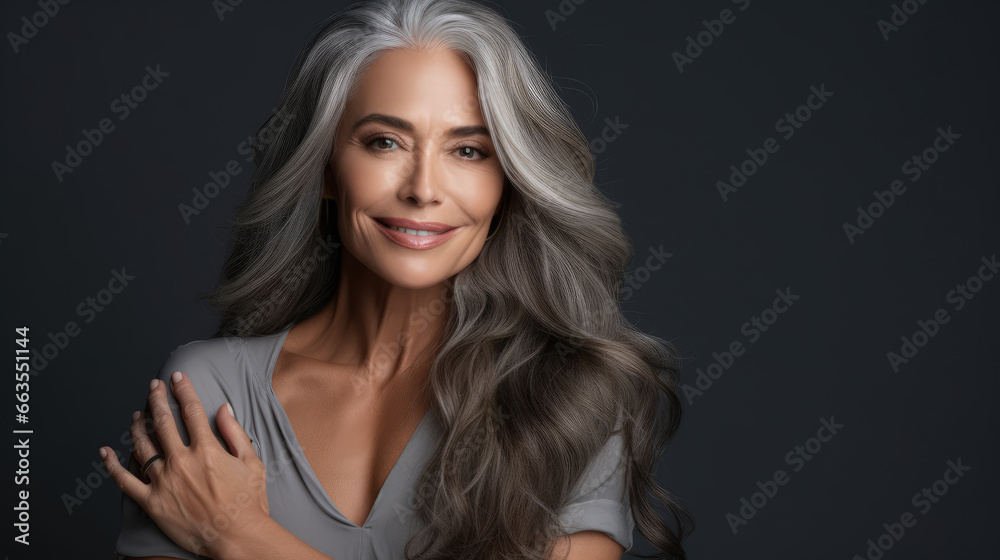 Naklejka premium Portrait of an elegant mature woman with radiant skin, long gray hair, and a joyful smile. Cosmetics and beauty advertising.
