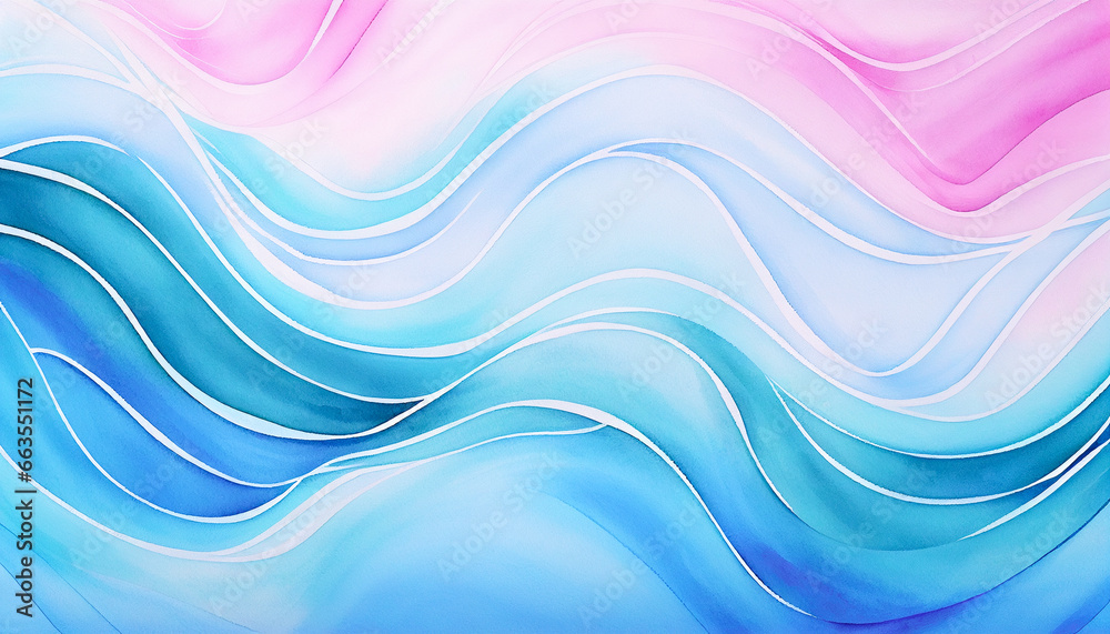 Wave, abstract blue and pink watercolor texture painting. Colorful ocean wave art for girls, wavy ink lines fairytale background. Feminine water waves, ocean sunset illustration for mobile web banner