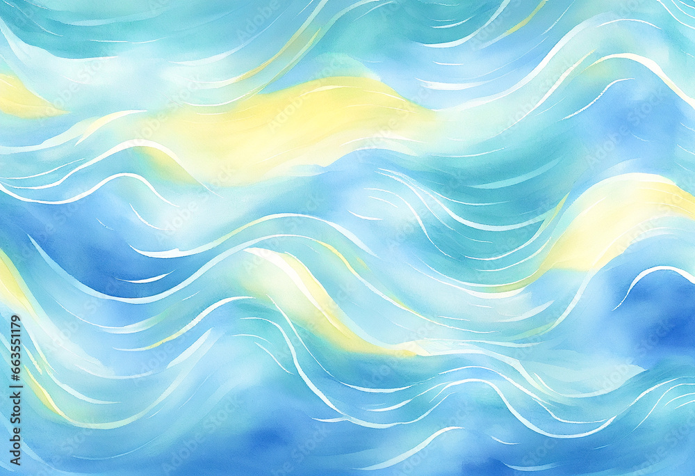 Ocean water wave, ripples watercolor illustration, Blue, navy, teal happy cartoon wave for pool party or ocean beach cruise travel. Wavy web mobile banner, backdrop, copy space background.