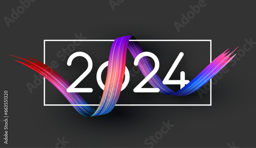 New year 2024 number in colorful abstract color paint brush strokes over grey background.