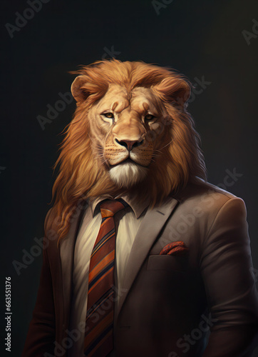 Lion wearing human clothes, stylish businessman