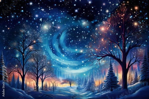 Starry night over a forest. Fantasy landscape.