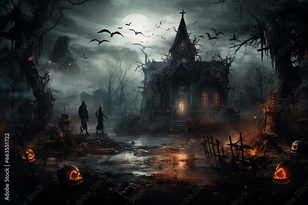 Halloween scene with witch and haunted house. Spooky Halloween background