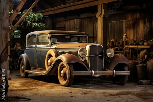 Vintage automobile positioned upfront in rustic garage. Generative AI