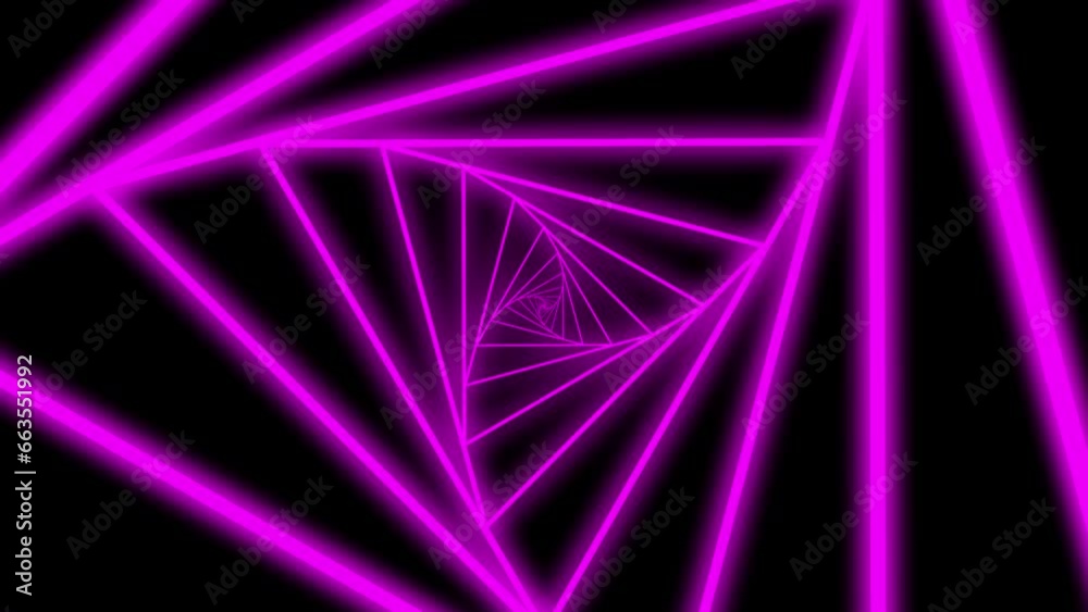 abstract animation of neon lilac triangle with movement in infinity on black background, psychedelic, futuristic, electronic