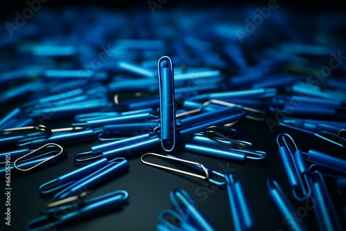 A blue paperclip surrounded by dark paperclips on a background. Office concept. Generative AI
