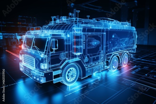 Futuristic holographic fire truck blueprint showcasing advanced technology and emergency services. Generative AI