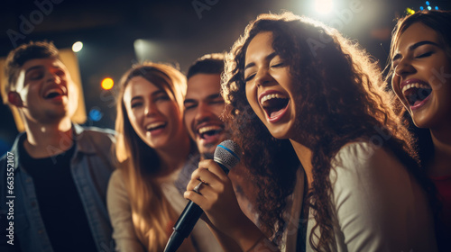 Group of young friends singing, laughing and having fun at a karaoke party in a nightclub.