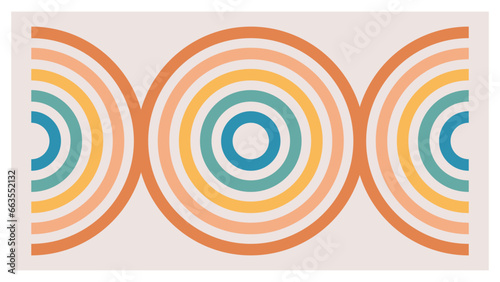 Retro circles and rainbows illustration. Teal and orange groovy geometric shapes. Vector poster.