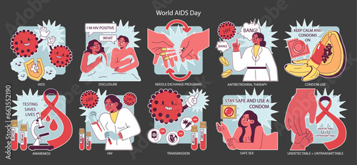 World AiDs day dark or night mode set. HIV, immunodeficiency virus