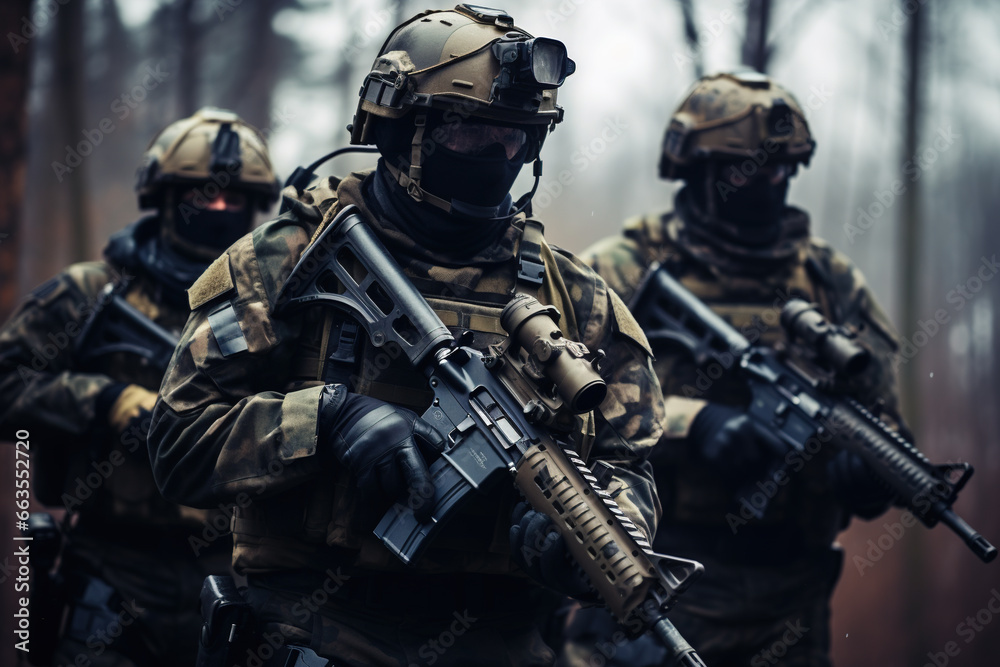 squad of soldiers in uniform with helmets and machine guns squad of soldiers in uniform with helmets and machine guns