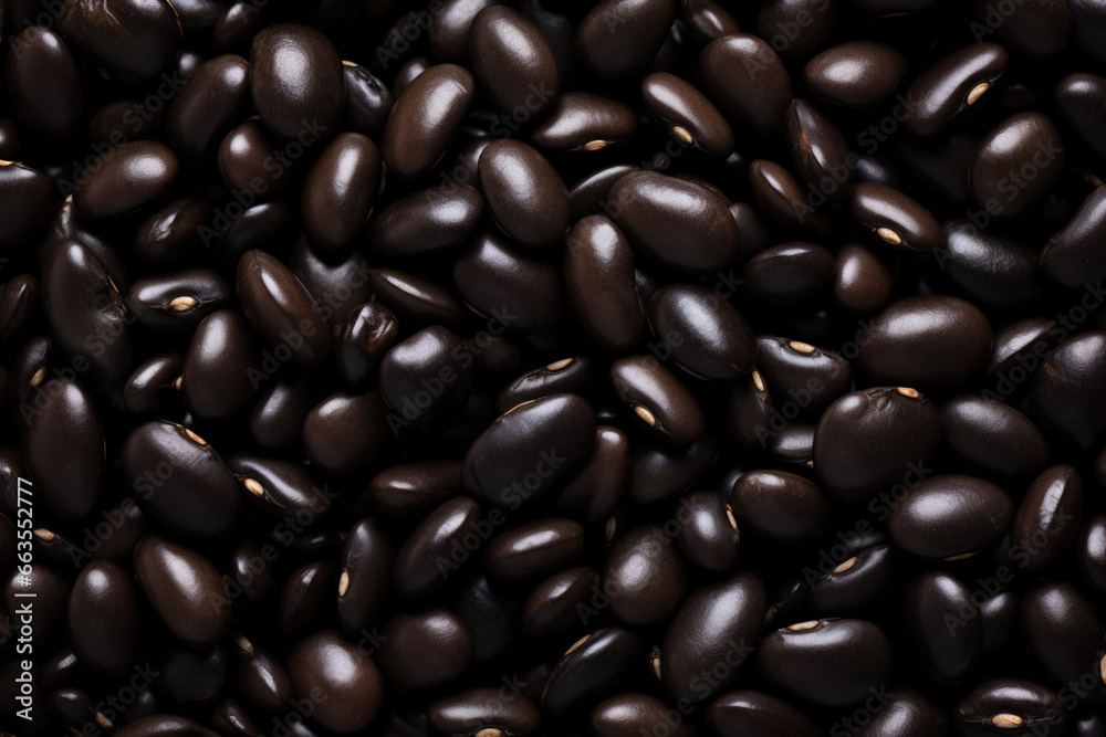 A detailed close-up of a heap of black or dark brown beans.Generative AI