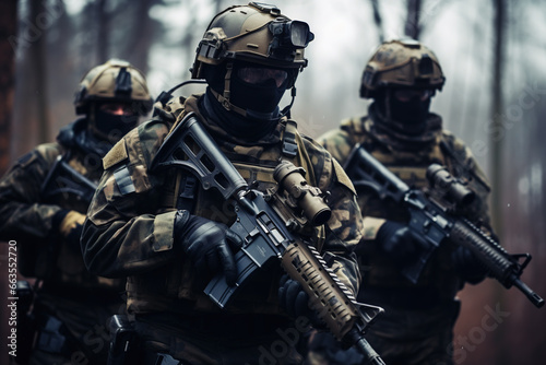 squad of soldiers in uniform with helmets and machine guns