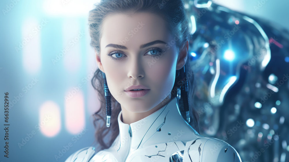 In this image, a futuristic AI android robot and a female cyborg ...