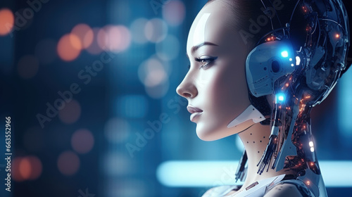 An image of a futuristic AI android robot alongside a female cyborg, showcasing advanced technology and the concept of AI chatbot ChatGPT.