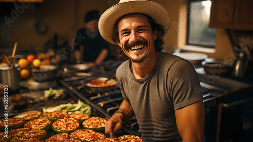 young Mexican man smiling and cooking tacos in his kitchen