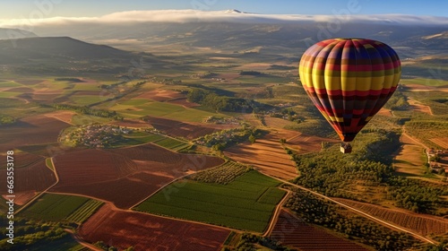 hot air balloon floating above a colorful patchwork of vineyards and fields generative ai