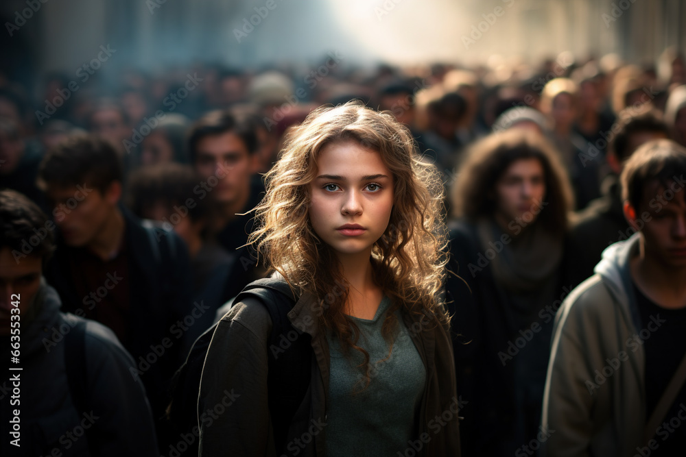 young adult people, protesting or riot, women crowds of people in a tight crowd, fictitious place